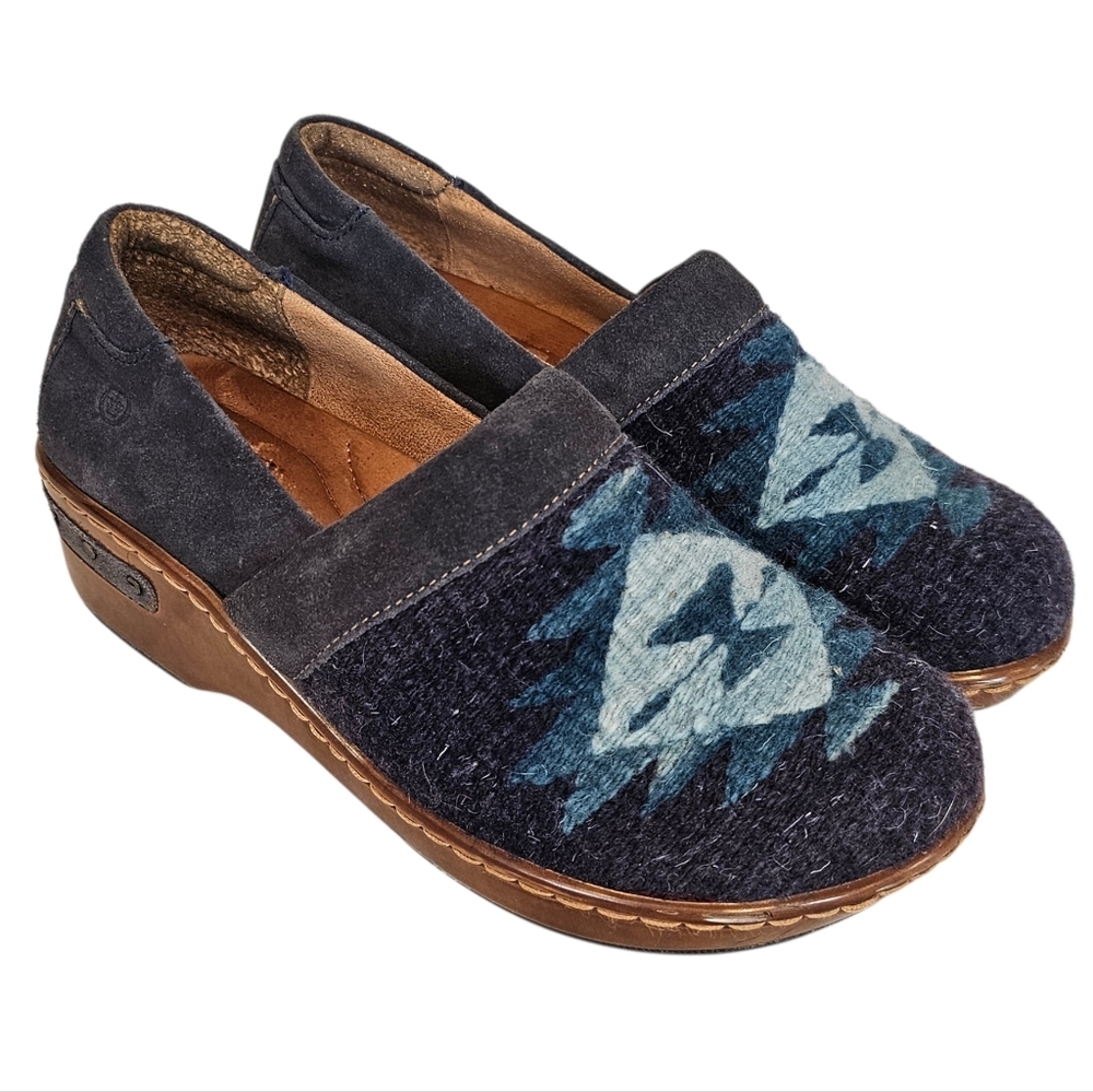 Born Bandy Clog Blue Wool And Leather Southwestern Mule Shoe